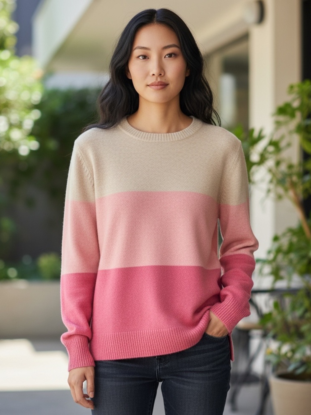 Nanette Lepore 100% 2-Ply Cashmere Colorblock Crewneck Sweater Beige Pinks Sz M